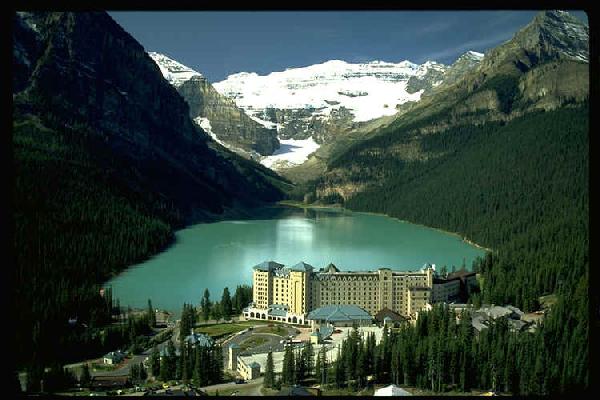 The famous Lake Louise Chateau Hotel in Banff, Canada.
